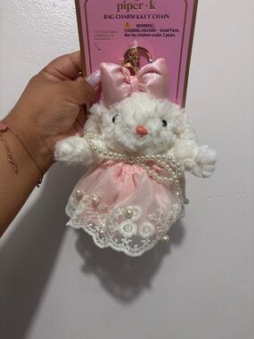 Piper K Plush Bunny Bag Charm with Pink Lace Dress & Pearl Bow Necklace